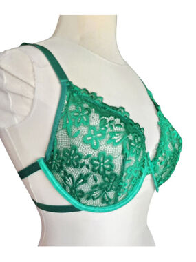 NWT Emerald Green Lace Bra Panty Set 1XL Plus Size Lingerie Sexy Floral Push Up